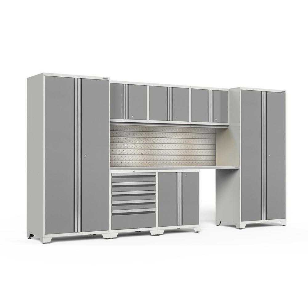 Newage Products Pro 3.0 Series 8-Piece Garage Cabinet Set-58806-Platinum-Stainless Steel Worktop-LED Lights + Slatwall Backsplash-Garage Giant