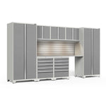 Newage Products Pro 3.0 Series 8-Piece Garage Cabinet Set With 2X 5-Drawer Tool Cabinets-58842-Platinum-Stainless Steel Worktop-LED Lights + Slatwall Backsplash-Garage Giant 