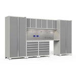 Newage Products Pro 3.0 Series 8-Piece Garage Cabinet Set With 2X 5-Drawer Tool Cabinets-54212-Platinum-Stainless Steel Worktop-LED Lights + Slatwall Backsplash + 12-Piece Hook Kit-Garage Giant 