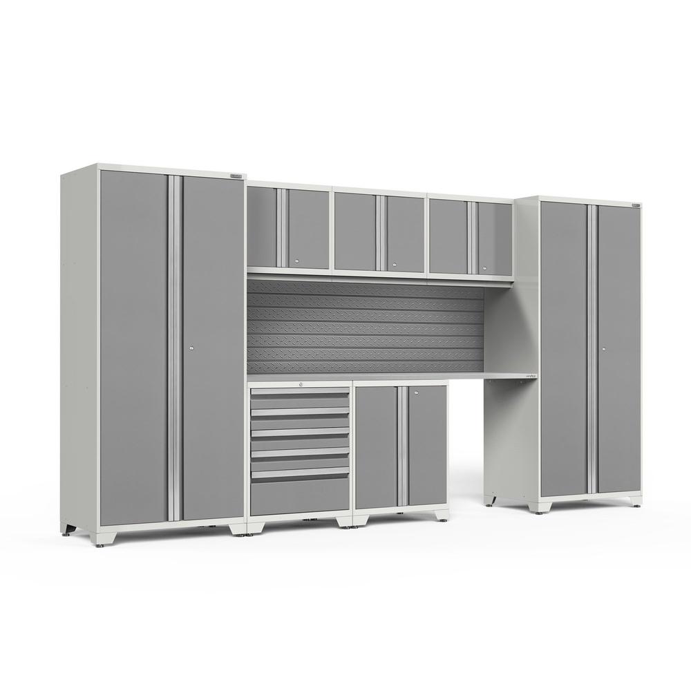 Newage Products Pro 3.0 Series 8-Piece Garage Cabinet Set-58805-Platinum-Stainless Steel Worktop-Slatwall Backsplash-Garage Giant
