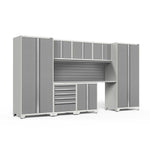 Newage Products Pro 3.0 Series 8-Piece Garage Cabinet Set-58805-Platinum-Stainless Steel Worktop-Slatwall Backsplash-Garage Giant 