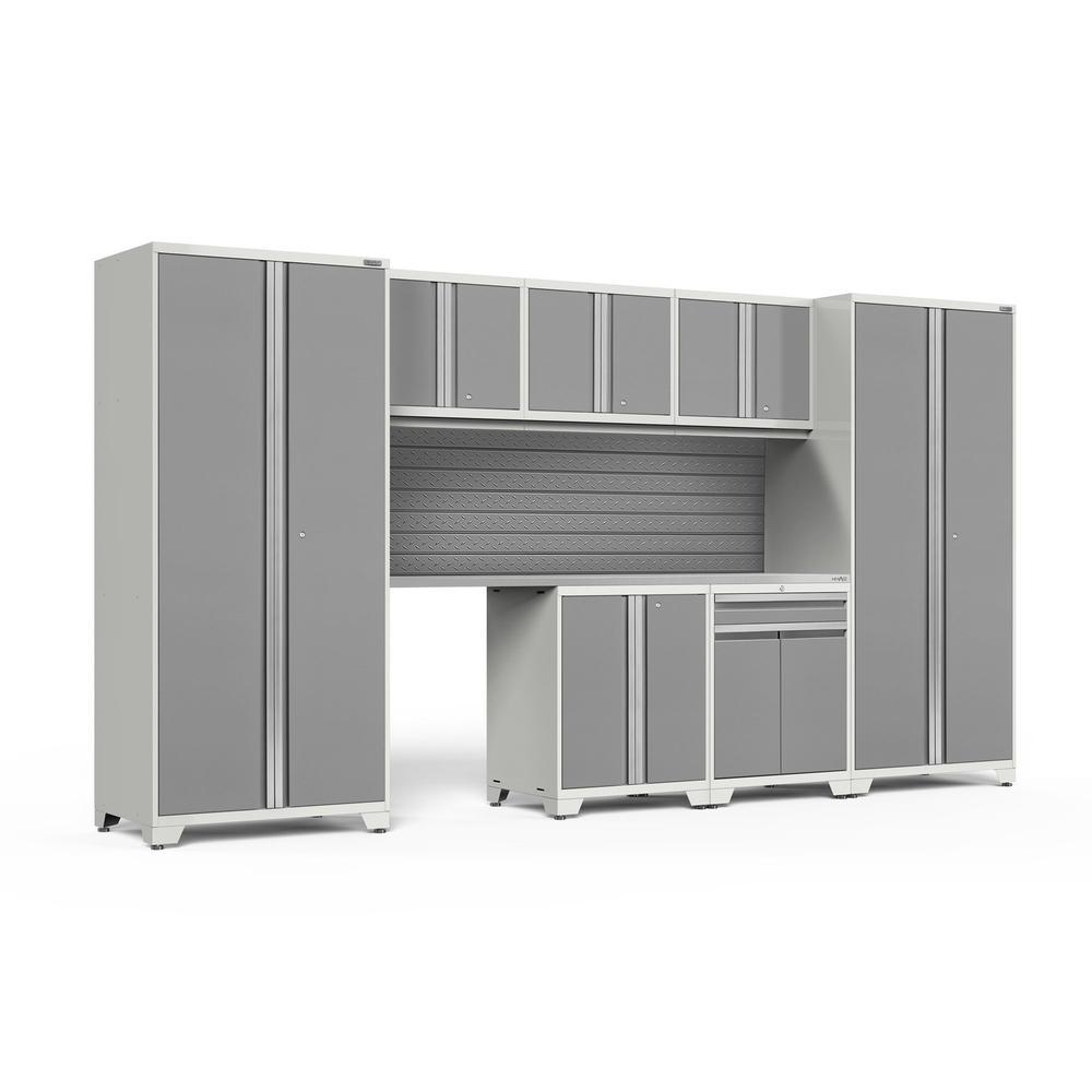 Newage Products Pro 3.0 Series 8-Piece Garage Cabinet Set With Multi-Function Cabinet-58829-Platinum-Stainless Steel Worktop-Slatwall Backsplash-Garage Giant