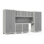 Newage Products Pro 3.0 Series 8-Piece Garage Cabinet Set With 2X 5-Drawer Tool Cabinets-58841-Platinum-Stainless Steel Worktop-Slatwall Backsplash-Garage Giant 