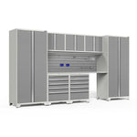 Newage Products Pro 3.0 Series 8-Piece Garage Cabinet Set With 2X 5-Drawer Tool Cabinets-54211-Platinum-Stainless Steel Worktop-Slatwall Backsplash + 12-Piece Hook Kit-Garage Giant 