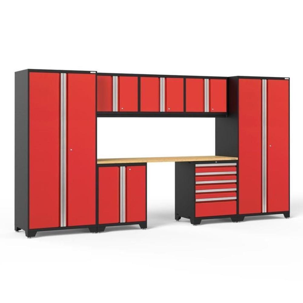 Newage Products Pro 3.0 Series 8-Piece Garage Cabinet Set-52261-Red-Bamboo Worktop-None-Garage Giant