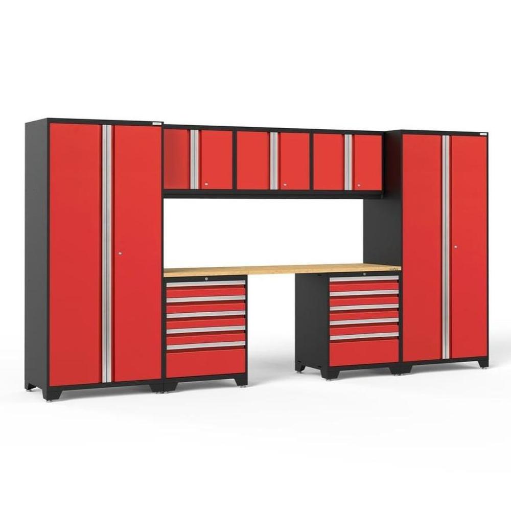 Newage Products Pro 3.0 Series 8-Piece Garage Cabinet Set With 2X 5-Drawer Tool Cabinets-52290-Red-Bamboo Worktop-None-Garage Giant