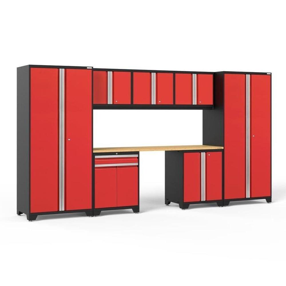 Newage Products Pro 3.0 Series 8-Piece Garage Cabinet Set With Multi-Function Cabinet-52296-Red-Bamboo Worktop-None-Garage Giant