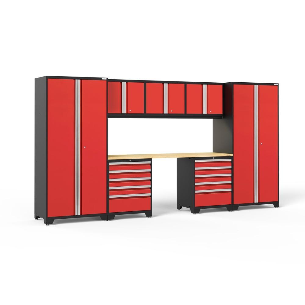 Newage Products Pro 3.0 Series 8-Piece Garage Cabinet Set With 2X 5-Drawer Tool Cabinets-51109-Red-Bamboo Worktop-LED Lights-Garage Giant
