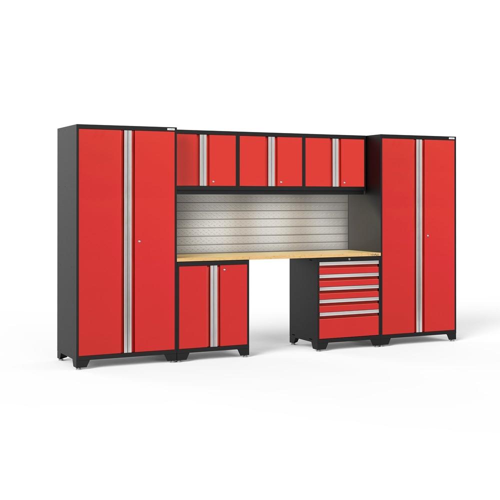Newage Products Pro 3.0 Series 8-Piece Garage Cabinet Set-58640-Red-Bamboo Worktop-LED Lights + Slatwall Backsplash-Garage Giant