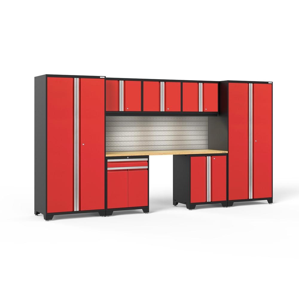 Newage Products Pro 3.0 Series 8-Piece Garage Cabinet Set With Multi-Function Cabinet-58664-Red-Bamboo Worktop-LED Lights + Slatwall Backsplash-Garage Giant