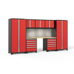 Newage Products Pro 3.0 Series 8-Piece Garage Cabinet Set With 2X 5-Drawer Tool Cabinets-58676-Red-Bamboo Worktop-LED Lights + Slatwall Backsplash-Garage Giant 