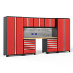 Newage Products Pro 3.0 Series 8-Piece Garage Cabinet Set With 2X 5-Drawer Tool Cabinets-54108-Red-Bamboo Worktop-LED Lights + Slatwall Backsplash + 12-Piece Hook Kit-Garage Giant 