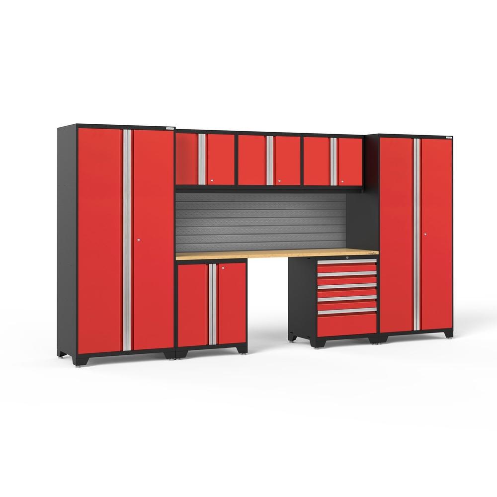Newage Products Pro 3.0 Series 8-Piece Garage Cabinet Set-58639-Red-Bamboo Worktop-Slatwall Backsplash-Garage Giant