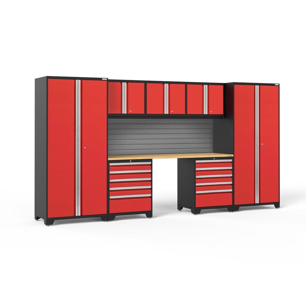 Newage Products Pro 3.0 Series 8-Piece Garage Cabinet Set With 2X 5-Drawer Tool Cabinets-58675-Red-Bamboo Worktop-Slatwall Backsplash-Garage Giant