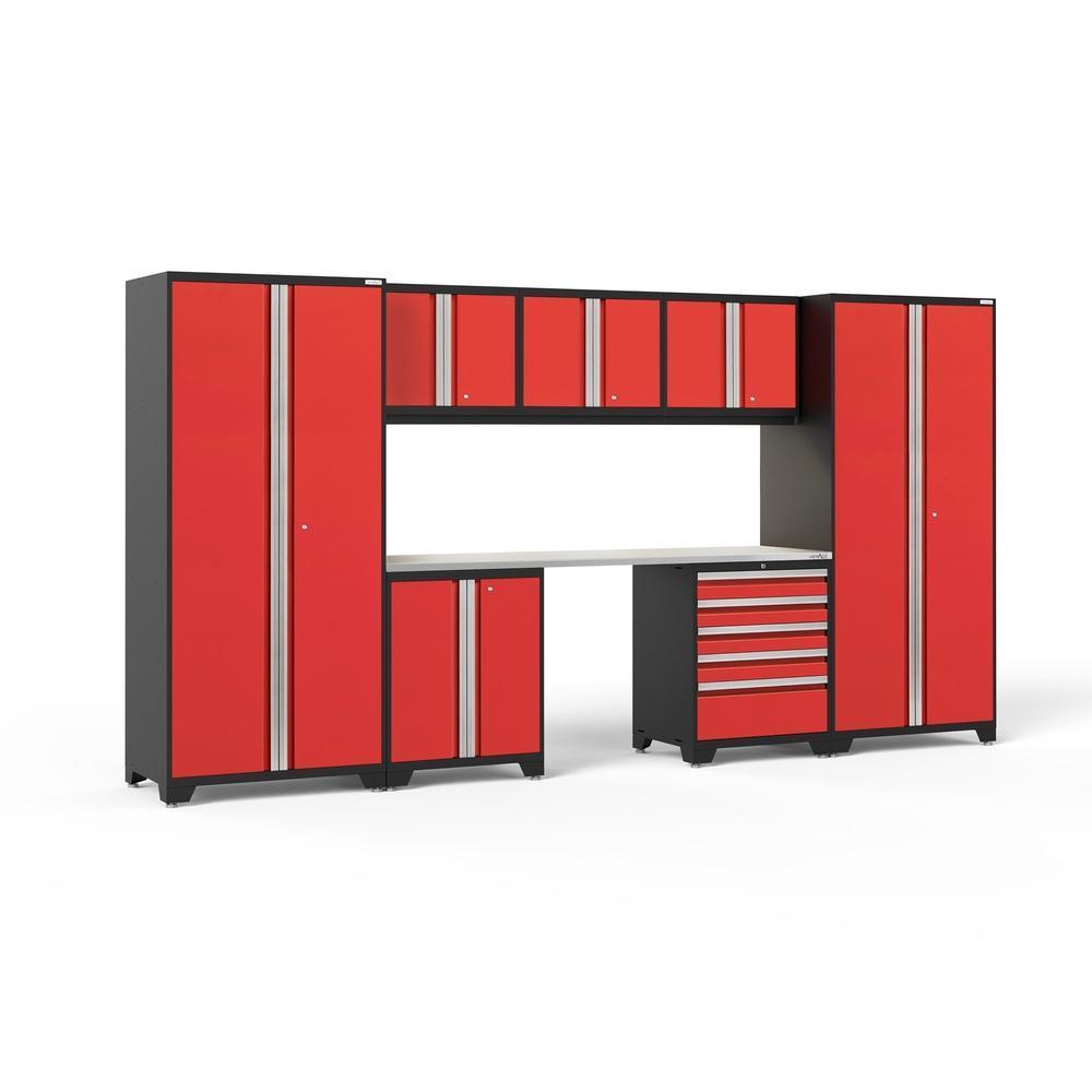 Newage Products Pro 3.0 Series 8-Piece Garage Cabinet Set-51108-Red-Stainless Steel Worktop-LED Lights-Garage Giant