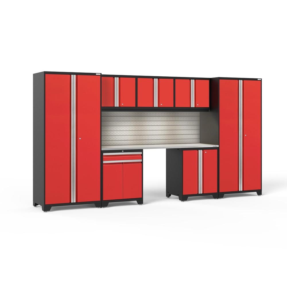 Newage Products Pro 3.0 Series 8-Piece Garage Cabinet Set With Multi-Function Cabinet-58666-Red-Stainless Steel Worktop-LED Lights + Slatwall Backsplash-Garage Giant