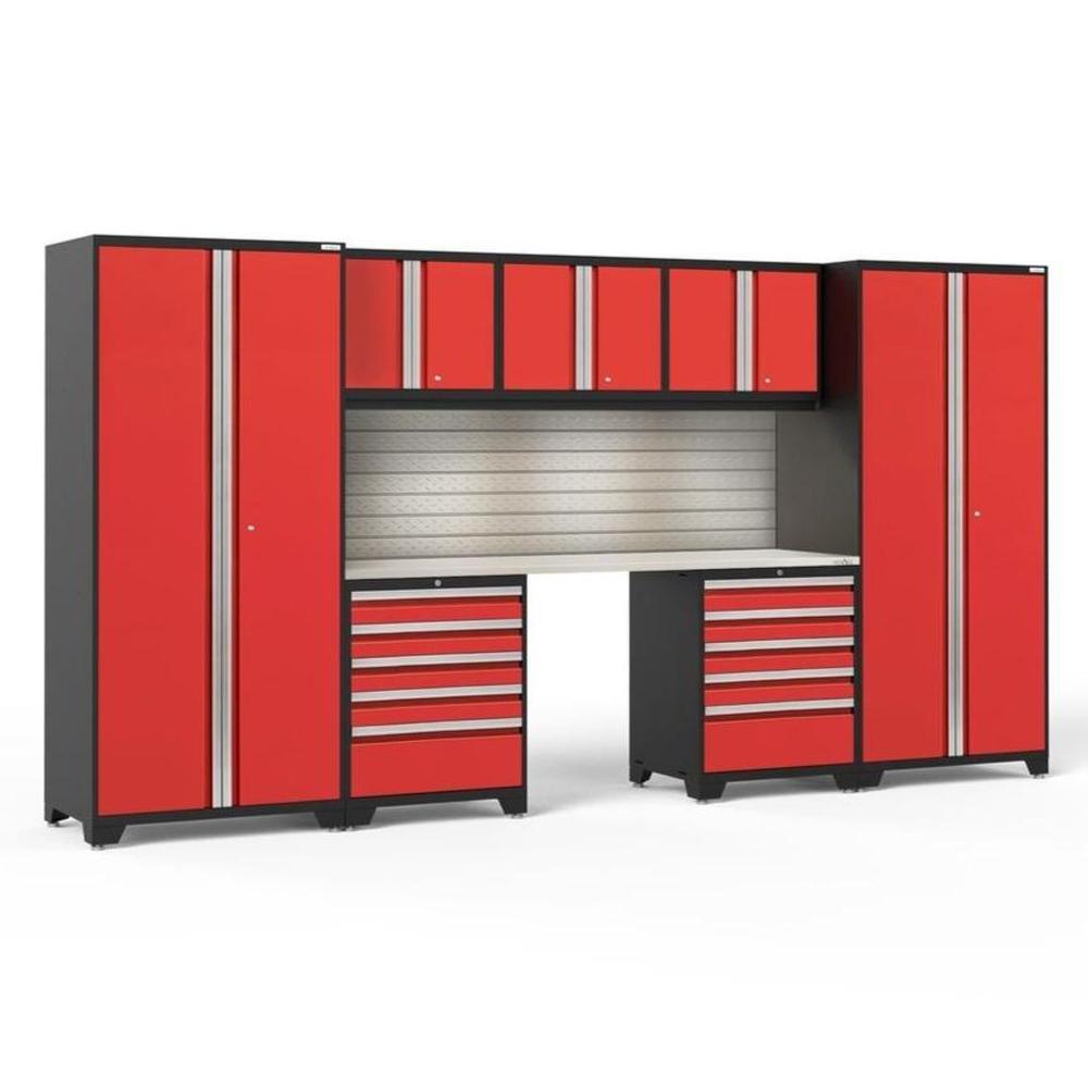 Newage Products Pro 3.0 Series 8-Piece Garage Cabinet Set With 2X 5-Drawer Tool Cabinets-58678-Red-Stainless Steel Worktop-LED Lights + Slatwall Backsplash-Garage Giant