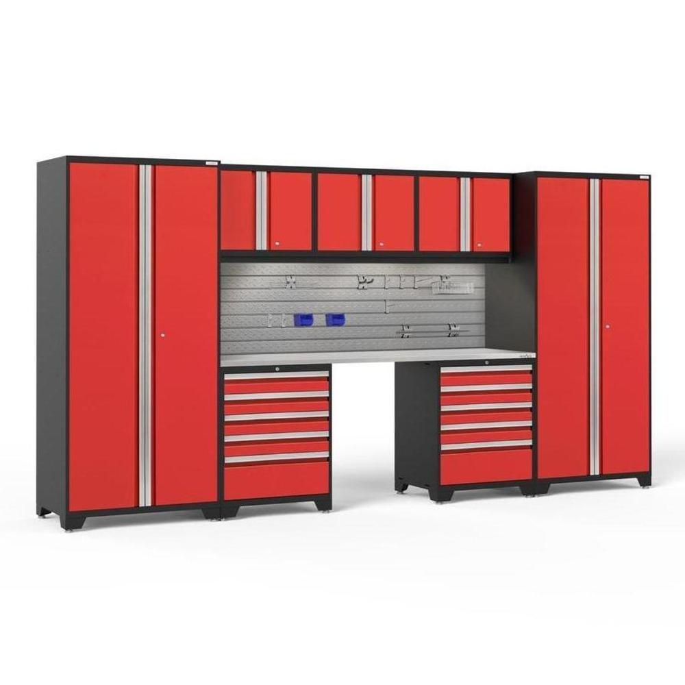 Newage Products Pro 3.0 Series 8-Piece Garage Cabinet Set With 2X 5-Drawer Tool Cabinets-54186-Red-Stainless Steel Worktop-LED Lights + Slatwall Backsplash + 12-Piece Hook Kit-Garage Giant