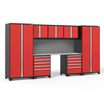 Newage Products Pro 3.0 Series 8-Piece Garage Cabinet Set With 2X 5-Drawer Tool Cabinets-58677-Red-Stainless Steel Worktop-Slatwall Backsplash-Garage Giant 