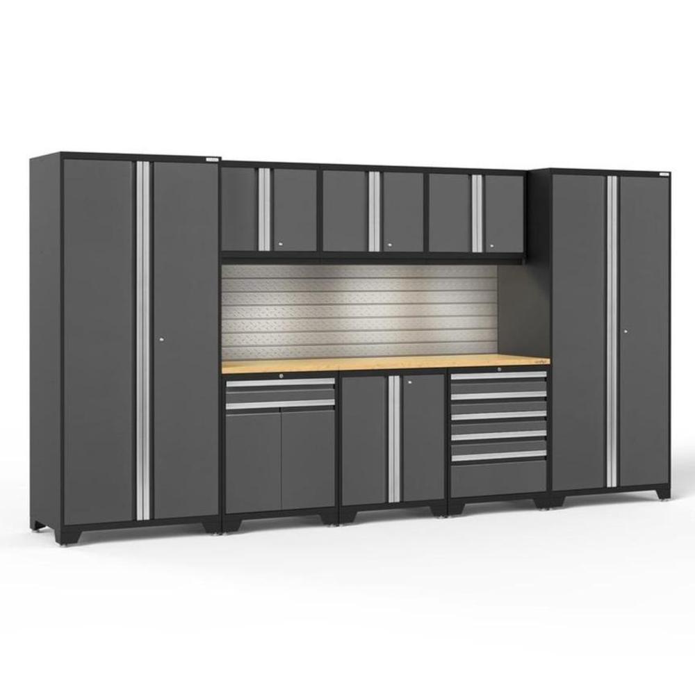 Newage Products Pro 3.0 Series 9-Piece Garage Cabinet Set With Multi-Function Cabinet-58414-Grey-Bamboo Worktop-LED Lights + Slatwall Backsplash-Garage Giant