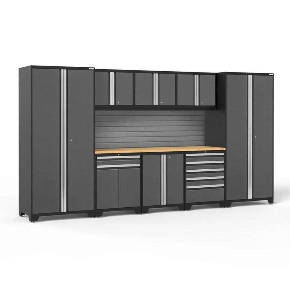 Newage Products Pro 3.0 Series 9-Piece Garage Cabinet Set With Multi-Function Cabinet-58413-Grey-Bamboo Worktop-Slatwall Backsplash-Garage Giant