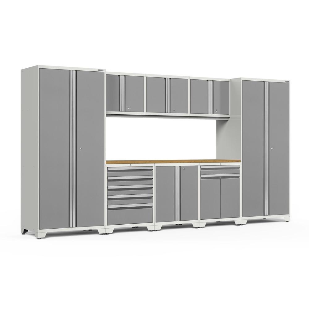Newage Products Pro 3.0 Series 9-Piece Garage Cabinet Set With Multi-Function Cabinet-52466-Platinum-Bamboo Worktop-None-Garage Giant