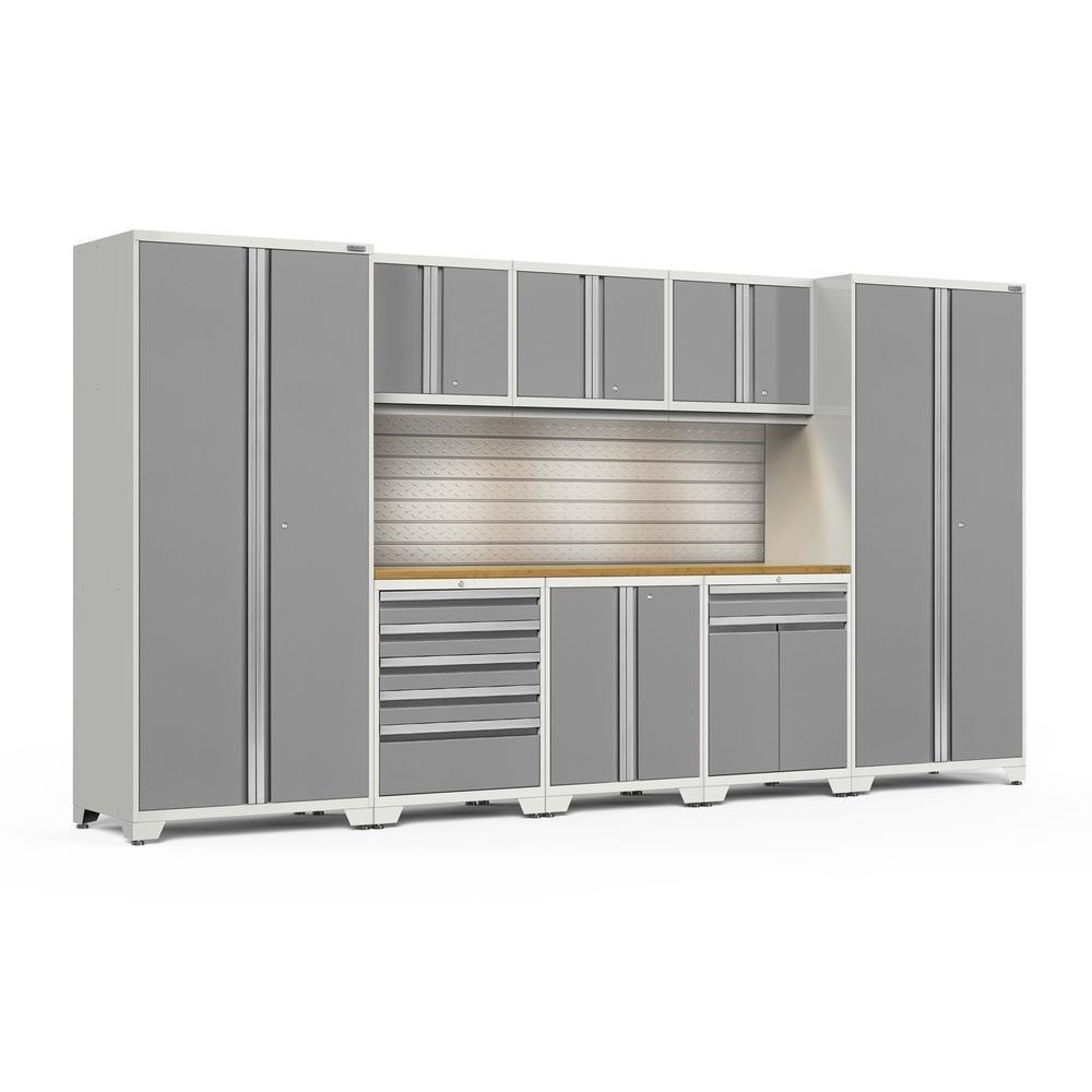 Newage Products Pro 3.0 Series 9-Piece Garage Cabinet Set With Multi-Function Cabinet-58858-Platinum-Bamboo Worktop-LED Lights + Slatwall Backsplash-Garage Giant