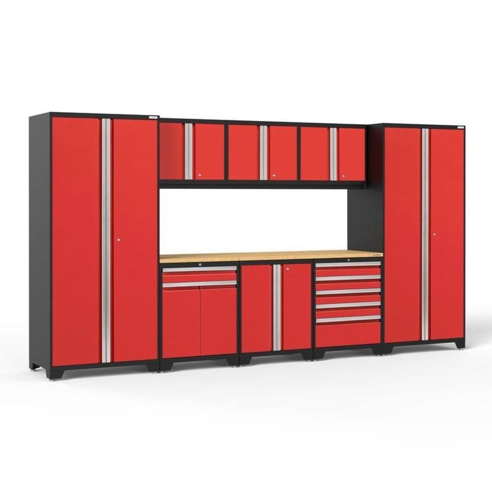 Newage Products Pro 3.0 Series 9-Piece Garage Cabinet Set With Multi-Function Cabinet-52266-Red-Bamboo Worktop-None-Garage Giant