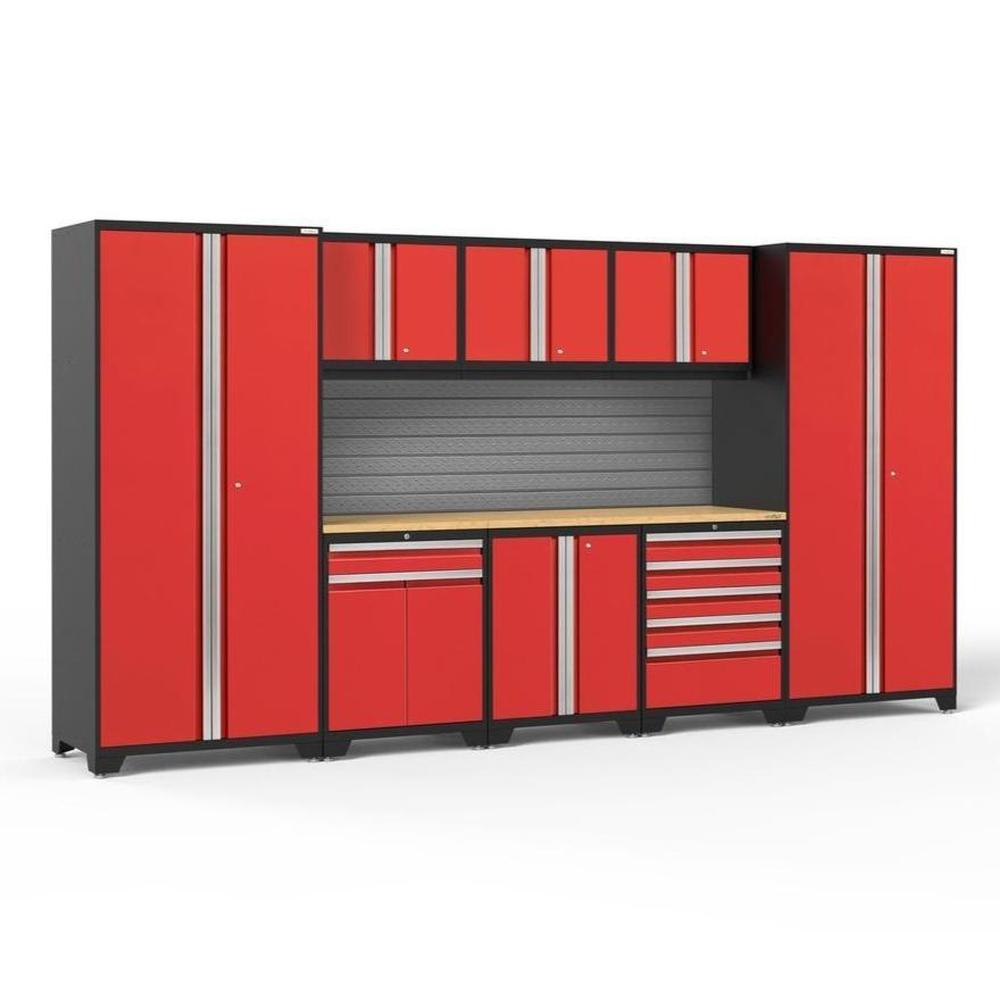 Newage Products Pro 3.0 Series 9-Piece Garage Cabinet Set With Multi-Function Cabinet-58693-Red-Bamboo Worktop-Slatwall Backsplash-Garage Giant