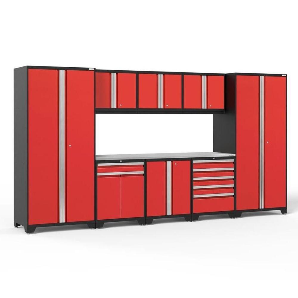 Newage Products Pro 3.0 Series 9-Piece Garage Cabinet Set With Multi-Function Cabinet-52362-Red-Stainless Steel Worktop-None-Garage Giant