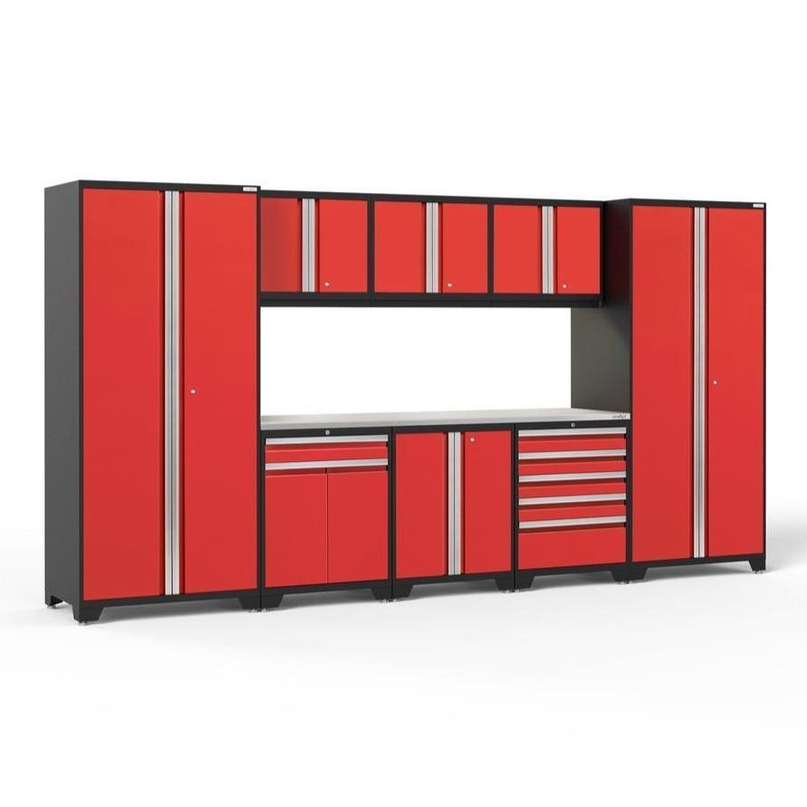 Newage Products Pro 3.0 Series 9-Piece Garage Cabinet Set With Multi-Function Cabinet-51112-Red-Stainless Steel Worktop-LED Lights-Garage Giant