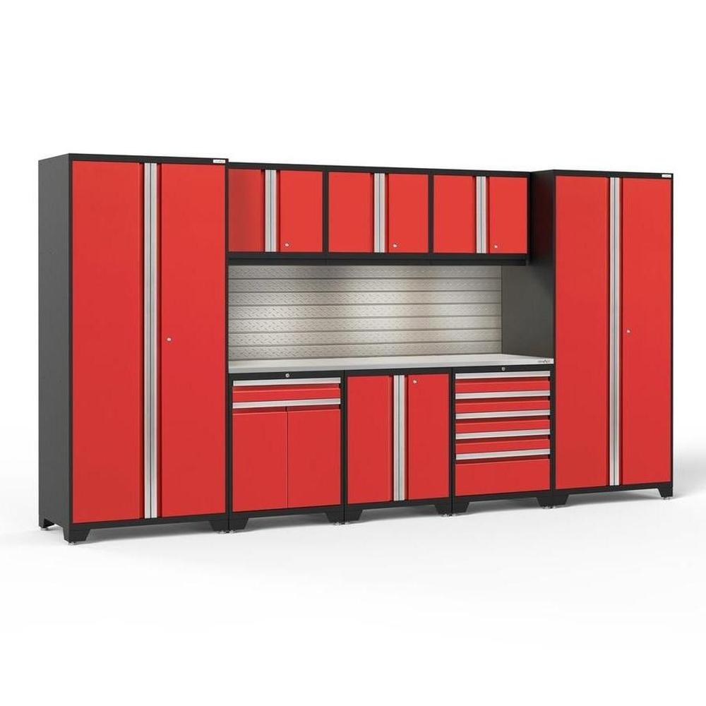 Newage Products Pro 3.0 Series 9-Piece Garage Cabinet Set With Multi-Function Cabinet-58696-Red-Stainless Steel Worktop-LED Lights + Slatwall Backsplash-Garage Giant