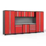 Newage Products Pro 3.0 Series 9-Piece Garage Cabinet Set With Multi-Function Cabinet-58695-Red-Stainless Steel Worktop-Slatwall Backsplash-Garage Giant 