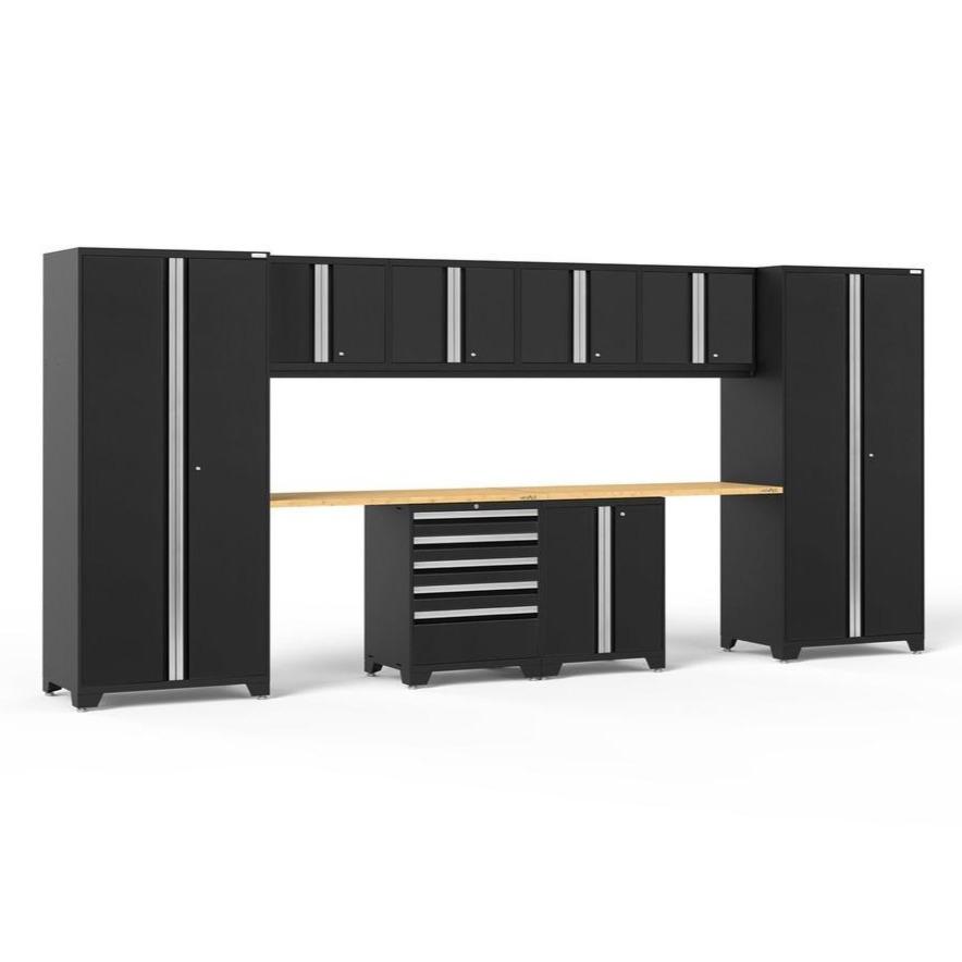 Newage Products Pro 3.0 Series 10-Piece Garage Cabinet Set With 2-Door Base Cabinet-64189-Black-Bamboo Worktop-None-Garage Giant