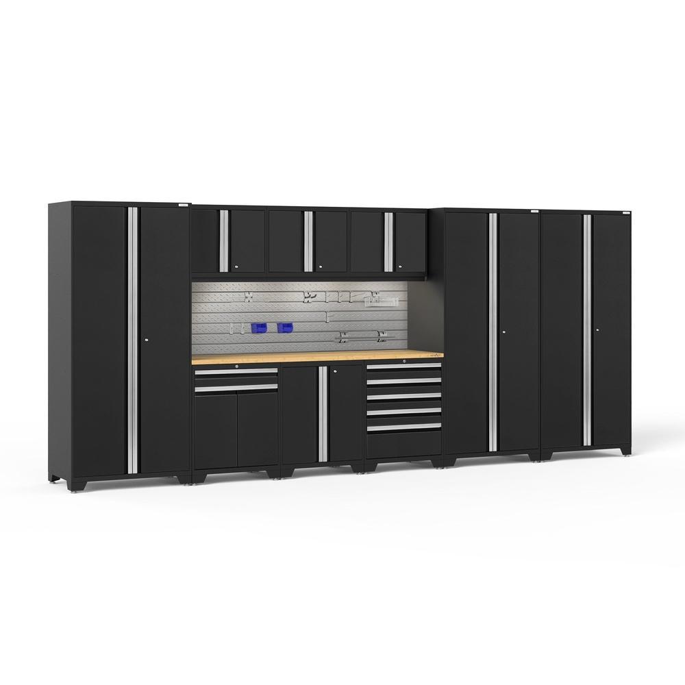 Newage Products Pro 3.0 Series 10-Piece Garage Cabinet Set With 3X Multi-Use Lockers-64249-Black-Bamboo Worktop-LED Lights + Slatwall Backsplash + 12-Piece Hook Kit-Garage Giant