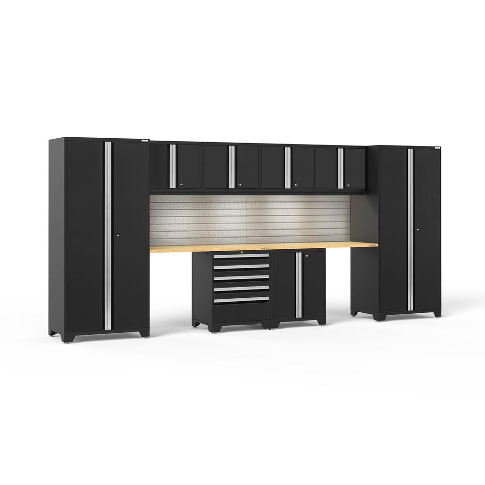 Newage Products Pro 3.0 Series 10-Piece Garage Cabinet Set With 2-Door Base Cabinet-64195-Black-Bamboo Worktop-LED Lights + Slatwall Backsplash-Garage Giant