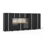Newage Products Pro 3.0 Series 10-Piece Garage Cabinet Set With 3X Multi-Use Lockers-64229-Black-Bamboo Worktop-LED Lights + Slatwall Backsplash-Garage Giant 
