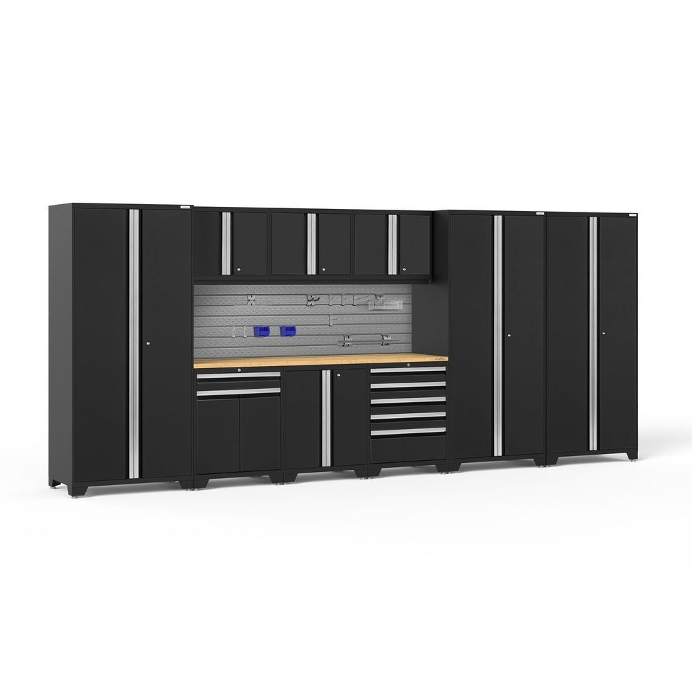 Newage Products Pro 3.0 Series 10-Piece Garage Cabinet Set With 3X Multi-Use Lockers-64248-Black-Bamboo Worktop-Slatwall Backsplash + 12-Piece Hook Kit-Garage Giant