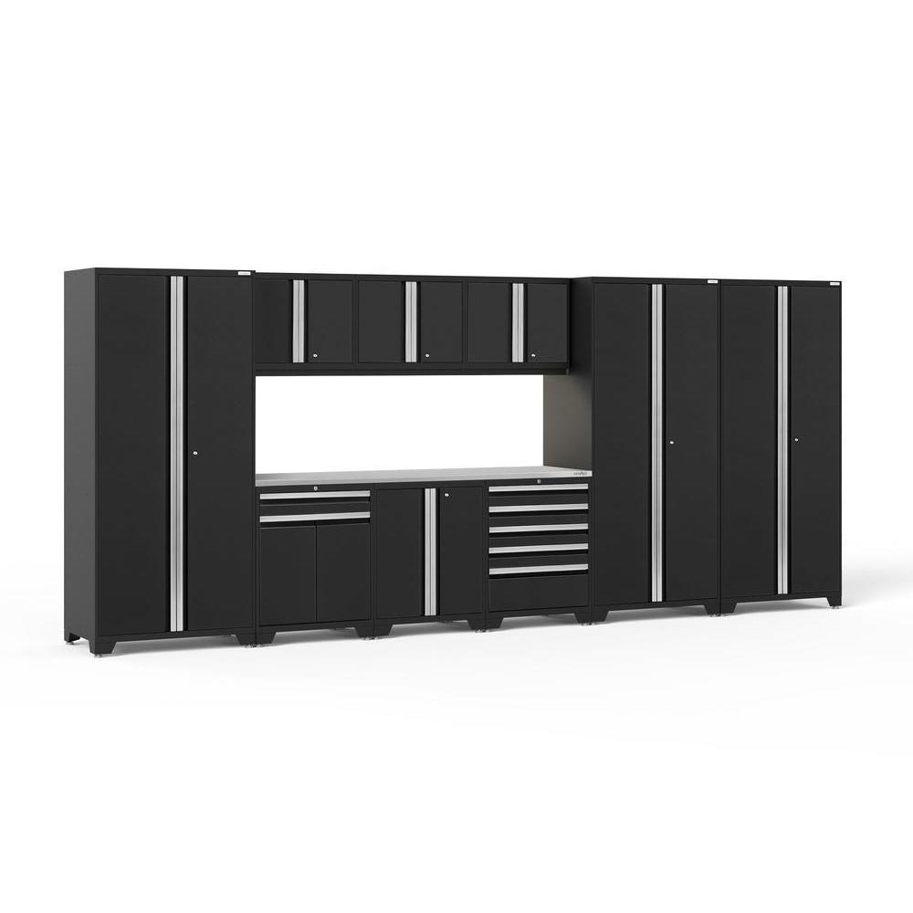 Newage Products Pro 3.0 Series 10-Piece Garage Cabinet Set With 3X Multi-Use Lockers-64227-Black-Stainless Steel Worktop-LED Lights-Garage Giant