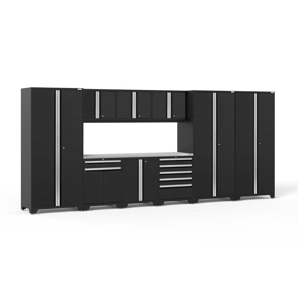 Newage Products Pro 3.0 Series 10-Piece Garage Cabinet Set With 3X Multi-Use Lockers-64226-Black-Stainless Steel Worktop-None-Garage Giant