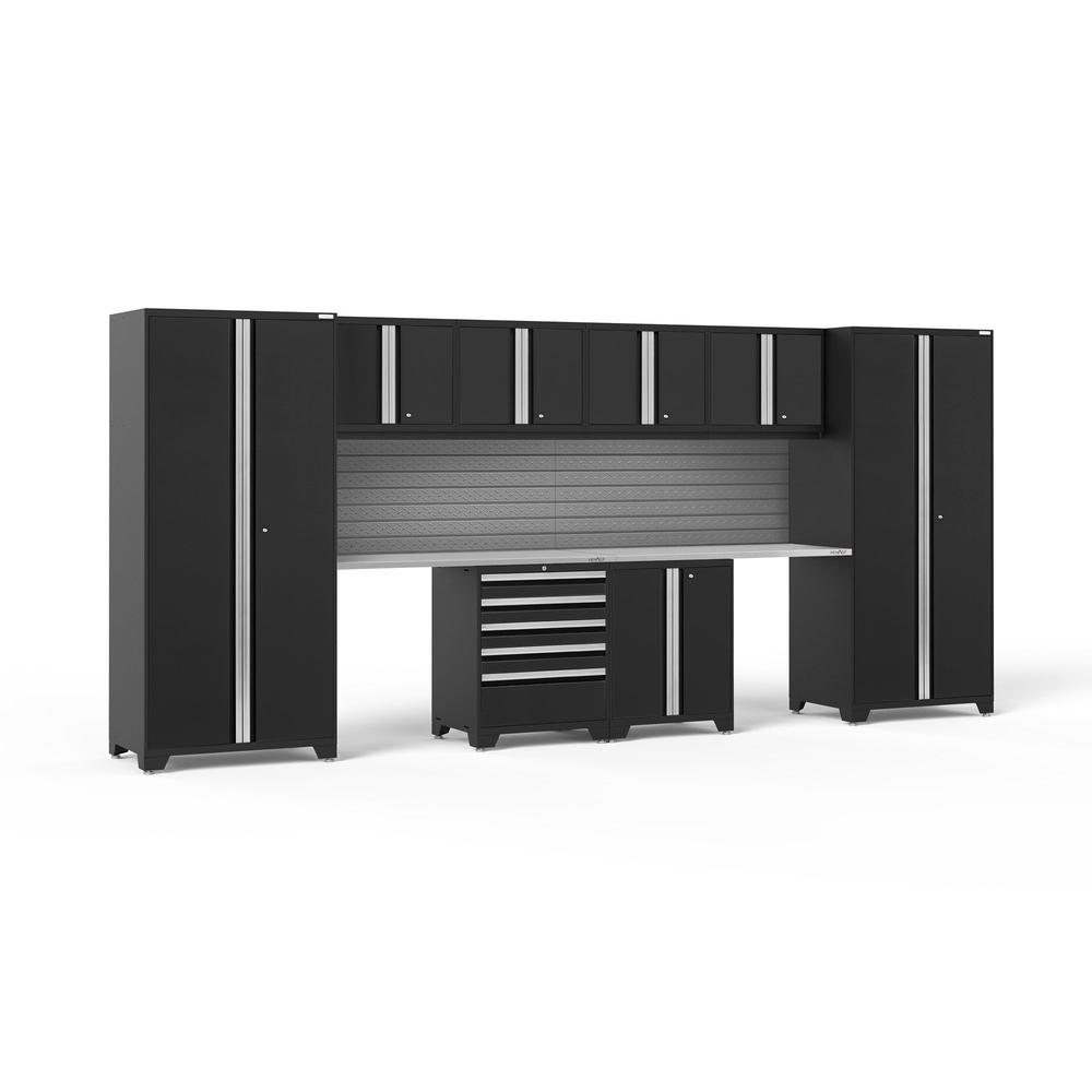 Newage Products Pro 3.0 Series 10-Piece Garage Cabinet Set With 2-Door Base Cabinet-64196-Black-Stainless Steel Worktop-Slatwall Backsplash-Garage Giant