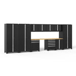 Newage Products Pro 3.0 Series 12-Piece Garage Cabinet Set With 3X Multi-Use Lockers-64293-Black-Bamboo Worktop-LED Lights-Garage Giant 
