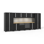 Newage Products Pro 3.0 Series 12-Piece Garage Cabinet Set-64289-Black-Bamboo Worktop-LED Lights + Slatwall Backsplash-Garage Giant 