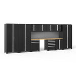 Newage Products Pro 3.0 Series 12-Piece Garage Cabinet Set With 3X Multi-Use Lockers-64296-Black-Bamboo Worktop-Slatwall Backsplash-Garage Giant 