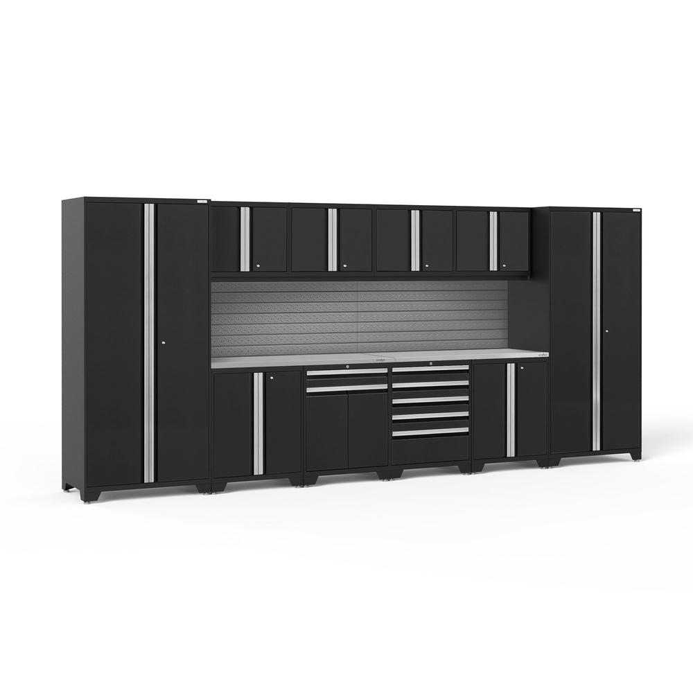 Newage Products Pro 3.0 Series 12-Piece Garage Cabinet Set-64290-Black-Stainless Steel Worktop-Slatwall Backsplash-Garage Giant