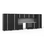 Newage Products Pro 3.0 Series 12-Piece Garage Cabinet Set With 3X Multi-Use Lockers-64298-Black-Stainless Steel Worktop-Slatwall Backsplash-Garage Giant 