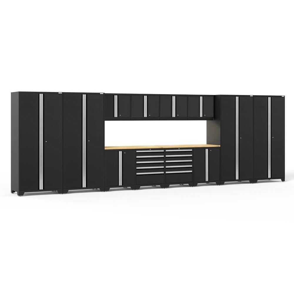 Newage Products Pro 3.0 Series 14-Piece Garage Cabinet Set-64316-Black-Bamboo Worktop-LED Lights-Garage Giant