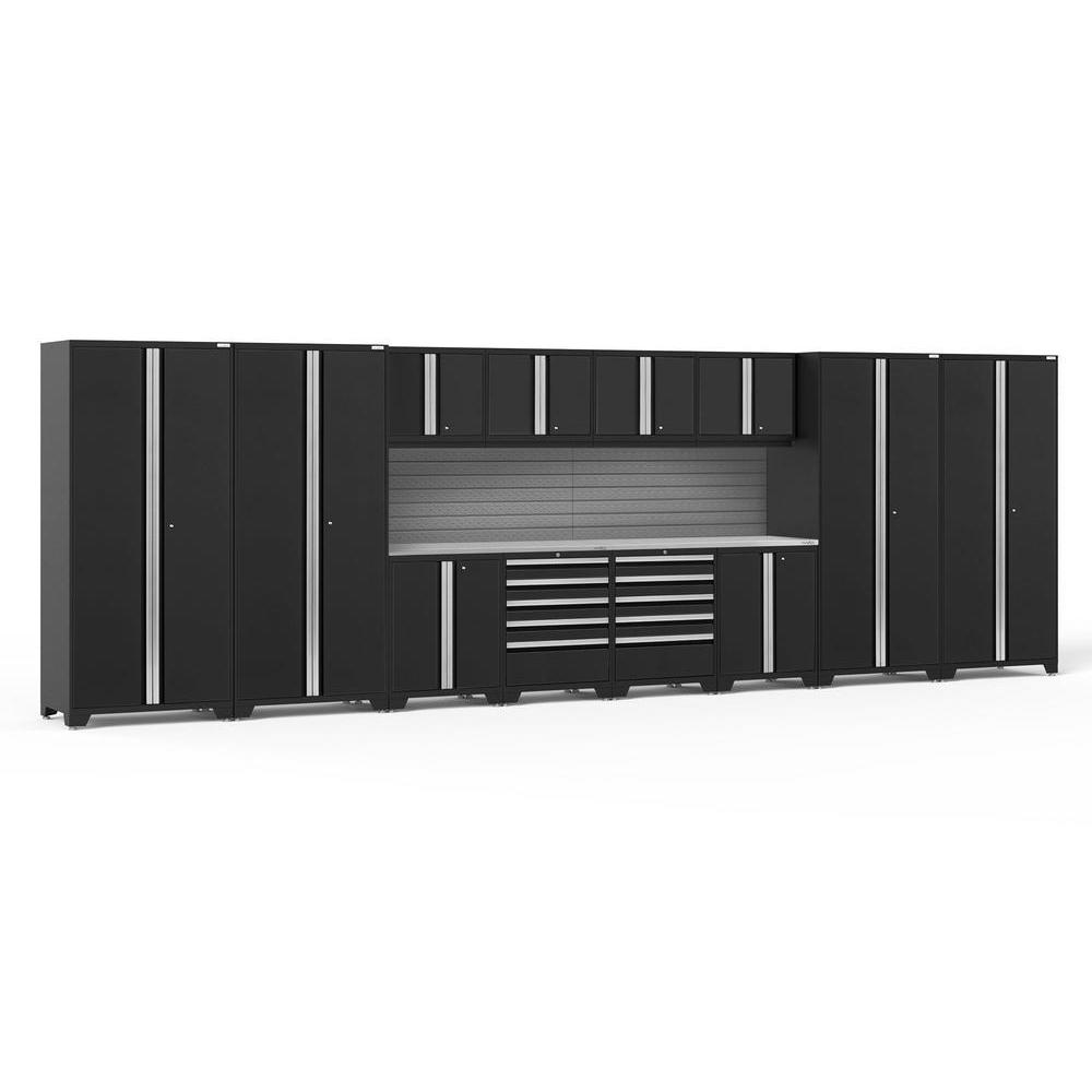 Newage Products Pro 3.0 Series 14-Piece Garage Cabinet Set-64321-Black-Stainless Steel Worktop-Slatwall Backsplash-Garage Giant