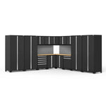 Newage Products Pro 3.0 Series 16-Piece Garage Cabinet Corner Set-64327-Black-Bamboo Worktop-Slatwall Backsplash-Garage Giant 