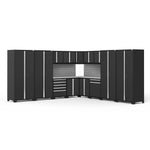 Newage Products Pro 3.0 Series 16-Piece Garage Cabinet Corner Set-64329-Black-Stainless Steel Worktop-Slatwall Backsplash-Garage Giant 